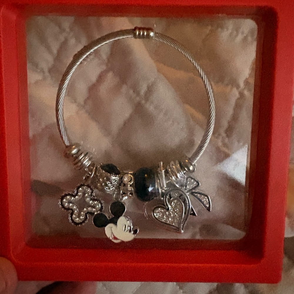 Disney Silver-tone Charm Bracelet with Black and White Mickey Accent